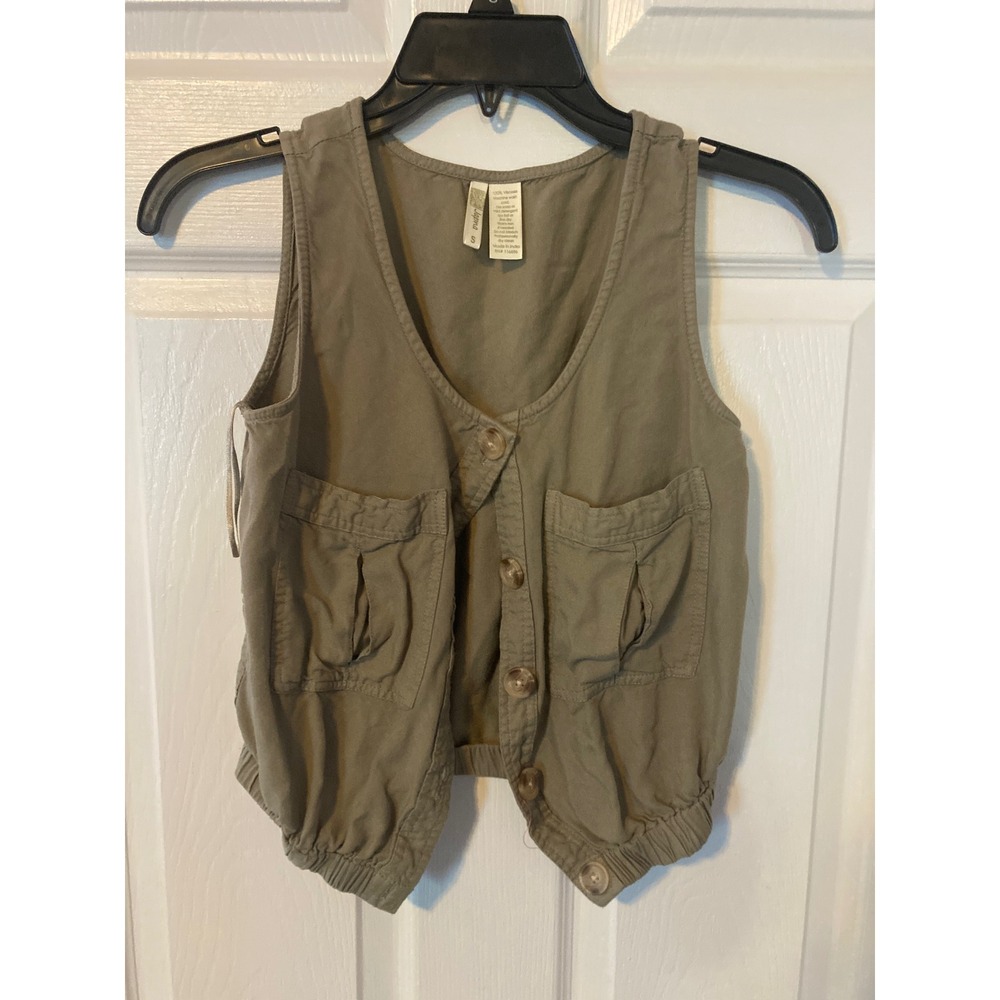 Japna‎ Womens Olive Green Utility Cargo Vest Button Front Elastic Hem Viscose S